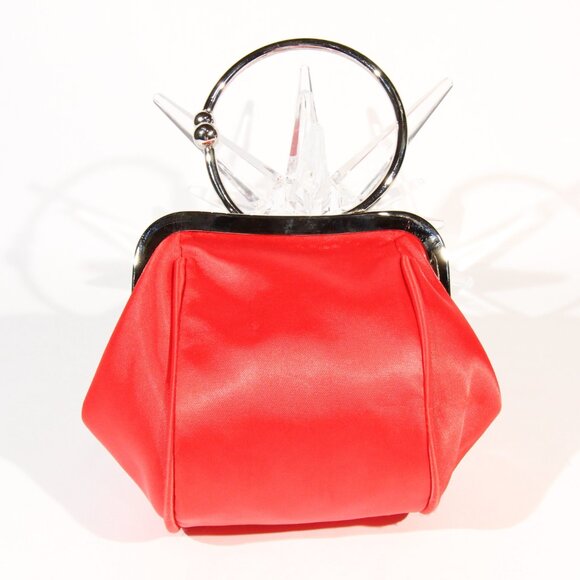 Red Evening Clutch with a Rhinestone Stripe and a Silver-Tone Metal Handle - Picture 2 of 9